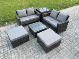 Rackhams 6 Seater Rattan Outdoor Garden Furniture Sofa Set with 2 Big Footstool Side Table Dark Grey Mixed - thumbnail 1