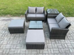 Rackhams 6 Seater Rattan Outdoor Garden Furniture Sofa Set with 2 Big Footstool Side Table Dark Grey Mixed - thumbnail 2