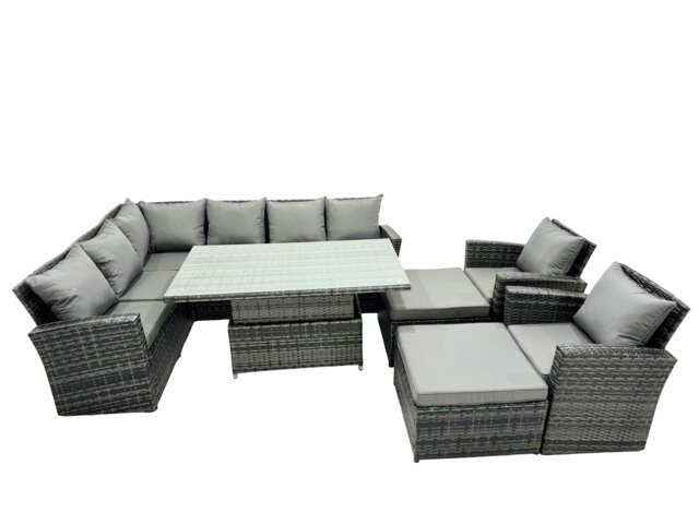 Rackhams Poly Rattan Outdoor Patio Height Adjustable Rising Lifting Table Corner Sofa Set with 2 Big Stool,2 Chairs for Garden Backyard Dark Grey Mixed - image 1
