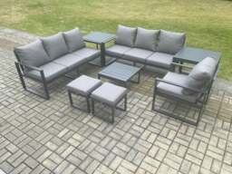 Rackhams Aluminium 9 Seater Outdoor Garden Furniture Lounge Sofa Set with Square Coffee Table Chair 2 Small Footstools 2 Side Table Dark Grey - thumbnail 1