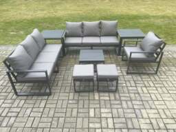 Rackhams Aluminium 9 Seater Outdoor Garden Furniture Lounge Sofa Set with Square Coffee Table Chair 2 Small Footstools 2 Side Table Dark Grey - thumbnail 2