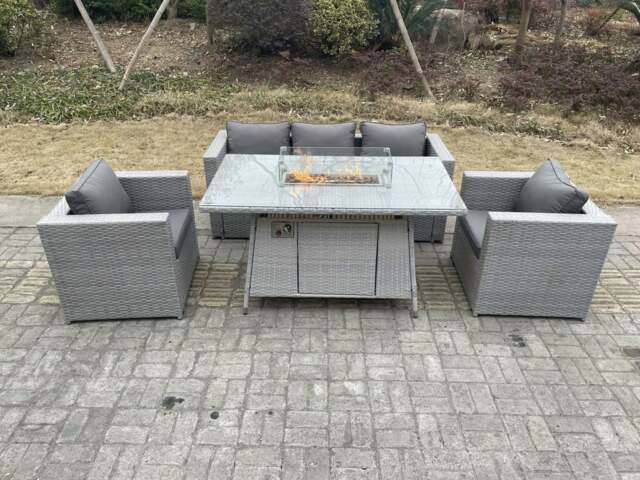 Rackhams Light Grey Rattan Gas Fire Pit Garden Furniture Dining Table Set Heater Burner Chairs Lounge Sofa Set Arm Chairs - image 1