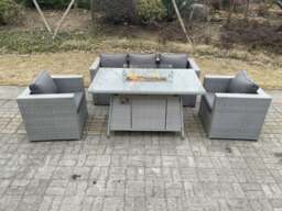 Rackhams Light Grey Rattan Gas Fire Pit Garden Furniture Dining Table Set Heater Burner Chairs Lounge Sofa Set Arm Chairs - thumbnail 1