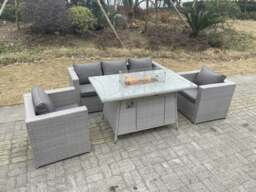 Rackhams Light Grey Rattan Gas Fire Pit Garden Furniture Dining Table Set Heater Burner Chairs Lounge Sofa Set Arm Chairs - thumbnail 2