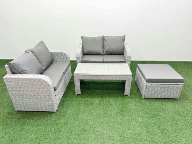 Rackhams 5 Seater Outdoor Love Sofa Set Rattan Garden Furniture Set with Oblong Coffee Table Big Footstool Light Grey - image 1
