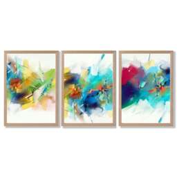 Rackhams Set of 3 Abstract Multicolour Blue Pink Framed Wall Art Prints - 30x42cm (A3) - Light Oak
