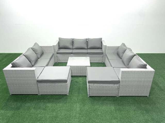 Rackhams Rattan Garden Outdoor Furniture Set 11 Seater Rattan Garden Sofa Set with 2 Big Footstools Light Grey Mixed - image 1