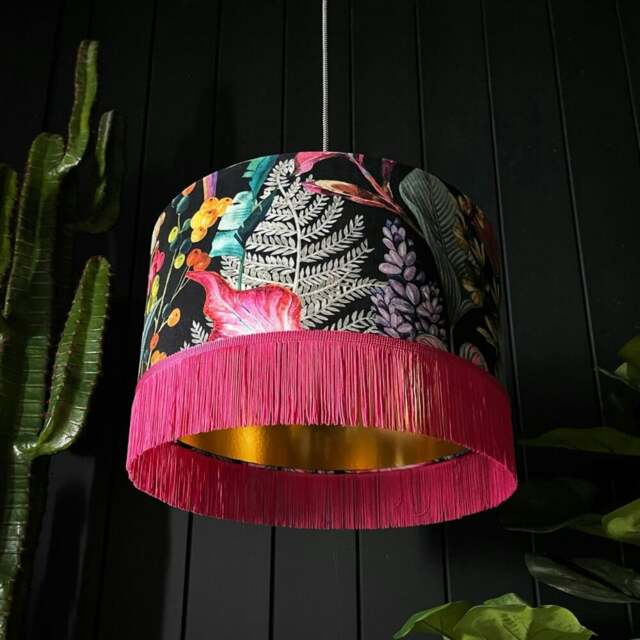 "Rackhams Acid Jungle Lampshade With Gold Lining and Hot Pink Fringing - Ceiling Pendant / Arc Lamp - 35cm Diameter x 25cm Height (14"" x 10"")" - image 1