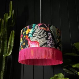 "Rackhams Acid Jungle Lampshade With Gold Lining and Hot Pink Fringing - Ceiling Pendant / Arc Lamp - 35cm Diameter x 25cm Height (14"" x 10"")" - thumbnail 2