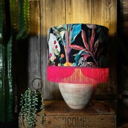 "Rackhams Acid Jungle Lampshade With Gold Lining and Hot Pink Fringing - Ceiling Pendant / Arc Lamp - 35cm Diameter x 25cm Height (14"" x 10"")" - thumbnail 5