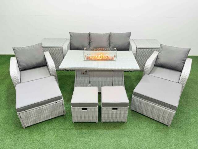 Rackhams PE Rattan Lounge Sofa Set 9 Seater Outdoor Garden Furniture Set with Gas Fire Pit Table 3 Seater Sofa 2 Big Footstools 2 Side Tables Light Grey - image 1