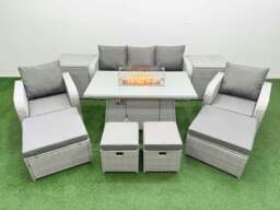 Rackhams PE Rattan Lounge Sofa Set 9 Seater Outdoor Garden Furniture Set with Gas Fire Pit Table 3 Seater Sofa 2 Big Footstools 2 Side Tables Light Grey - thumbnail 1