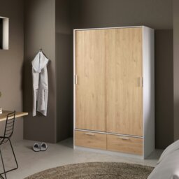Rackhams Line Wardrobe with 2 Doors + 2 Drawers in White and Jackson Hickory Oak - White - Malemine - 1 - thumbnail 6
