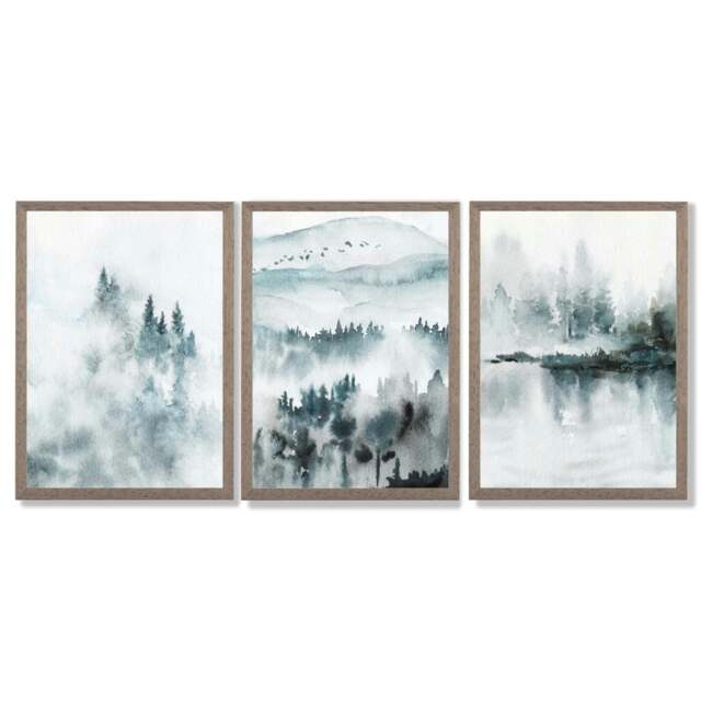 Rackhams Teal Blue Abstract Forest Lake Set of 3 Framed Wall Art - 30x42cm (A3) - Light Walnut - image 1