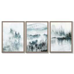 Rackhams Teal Blue Abstract Forest Lake Set of 3 Framed Wall Art - 30x42cm (A3) - Light Walnut - thumbnail 1