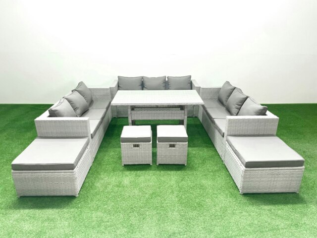 Rackhams Rattan Garden Furniture Dining Set 13 Seater Lounge Sofa Dining Table Set with 4 Footstools Light Grey Mixed - image 1