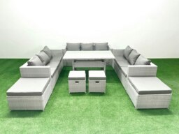 Rackhams Rattan Garden Furniture Dining Set 13 Seater Lounge Sofa Dining Table Set with 4 Footstools Light Grey Mixed - thumbnail 1