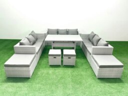 Rackhams Rattan Garden Furniture Dining Set 13 Seater Lounge Sofa Dining Table Set with 4 Footstools Light Grey Mixed - thumbnail 2