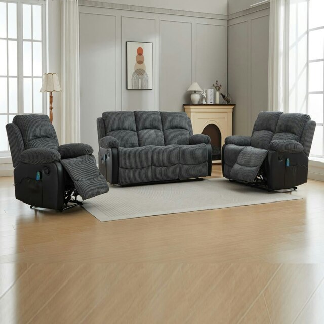 Rackhams Massage Recliner Sofa, Corduroy Fabric Electric Massage Couches Suit with 8 Point Vibration Massage, Manual Recliner - 3+2+1 Seater Sofa Set - image 1