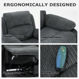 Rackhams Massage Recliner Sofa, Corduroy Fabric Electric Massage Couches Suit with 8 Point Vibration Massage, Manual Recliner - 3+2+1 Seater Sofa Set - thumbnail 4
