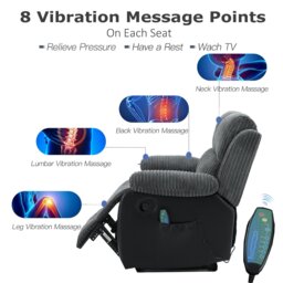 Rackhams Massage Recliner Sofa, Corduroy Fabric Electric Massage Couches Suit with 8 Point Vibration Massage, Manual Recliner - 3+2+1 Seater Sofa Set - thumbnail 3