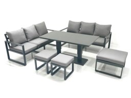 Rackhams 9 Seater Aluminium Outdoor Garden Furniture Set with Adjustable Rising Lifting Dining Table 3 Seater Sofa 3 Footstools Dark Grey - thumbnail 2