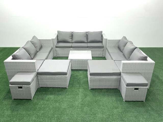Rackhams Rattan Garden Outdoor Furniture Set 13 Seater Rattan Garden Sofa Set with 4 Footstools Light Grey Mixed - image 1