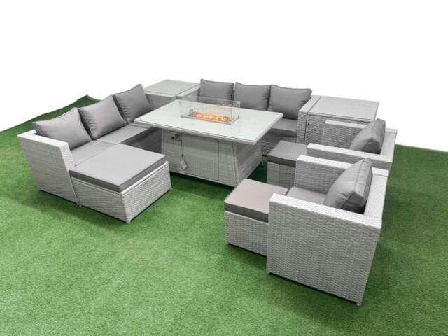 Rackhams 11 Seat PE Rattan Lounge Sofa Set Outdoor Garden Furniture Set with Fire Pit Dining Table 3 Seater Sofa 3 Footstools 2 Side Table Light Grey - image 1