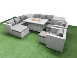 Rackhams 11 Seat PE Rattan Lounge Sofa Set Outdoor Garden Furniture Set with Fire Pit Dining Table 3 Seater Sofa 3 Footstools 2 Side Table Light Grey - thumbnail 1