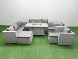Rackhams 11 Seat PE Rattan Lounge Sofa Set Outdoor Garden Furniture Set with Fire Pit Dining Table 3 Seater Sofa 3 Footstools 2 Side Table Light Grey - thumbnail 2