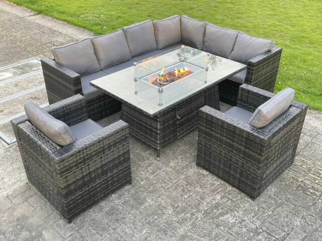 Rackhams Outdoor Rattan Garden Furniture Corner Sofa Burner Gas Fire Pit Table Sets Gas Heater Lounge Chairs Dark Grey 8 Seater - image 1