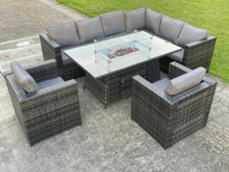 Rackhams Outdoor Rattan Garden Furniture Corner Sofa Burner Gas Fire Pit Table Sets Gas Heater Lounge Chairs Dark Grey 8 Seater - thumbnail 2