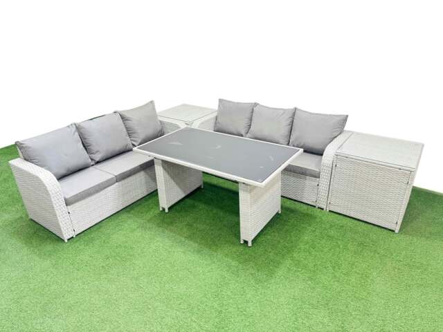 Rackhams 6 Seater Rattan Outdoor Dining Table 3 Seater Sofa Set with 2 Side Tables Light Grey - image 1