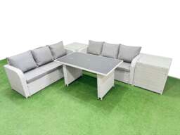 Rackhams 6 Seater Rattan Outdoor Dining Table 3 Seater Sofa Set with 2 Side Tables Light Grey