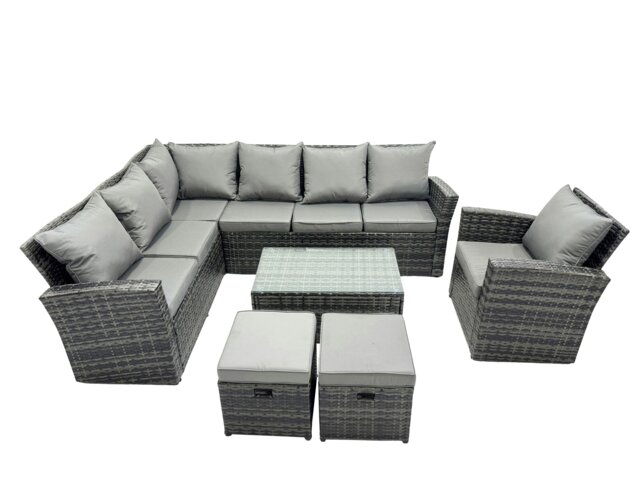 Rackhams 9 Seater High Back Rattan Garden Furniture Set Corner Sofa With Oblong Coffee Table Footstool With Chair - image 1