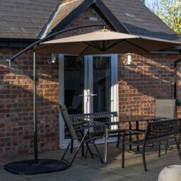Rackhams Outdoor 6 Person Rectangular Glass Top Garden Dining Table Benches & Chairs With Beige Banana Parasol and Base - Outdoor Furniture Sets - thumbnail 1