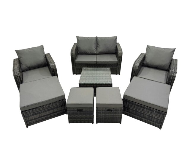Rackhams Rattan Garden Outdoor Furniture Set Love Sofa Reclining Chair Square Coffee Table Set with 4 Stools Dark Grey Mixed - image 1