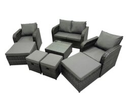 Rackhams Rattan Garden Outdoor Furniture Set Love Sofa Reclining Chair Square Coffee Table Set with 4 Stools Dark Grey Mixed - thumbnail 2