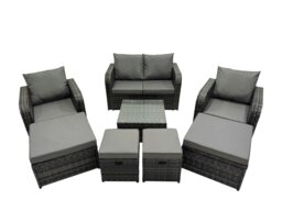 Rackhams Rattan Garden Outdoor Furniture Set Love Sofa Reclining Chair Square Coffee Table Set with 4 Stools Dark Grey Mixed - thumbnail 1