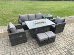 Rackhams Outdoor Rattan Garden Furniture Set Propane Gas Fire Pit Table Burner with Lounge Sofa Side Tables 2 Small Footstool - thumbnail 1