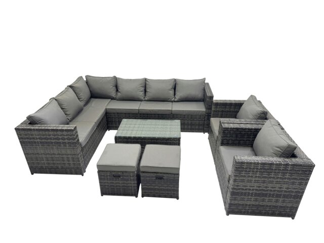 Rackhams Outdoor Rattan Rectangular Coffee Table Corner Sofa Sets Garden Furniture Set with 2 Chairs 2 Small Stools Dark Grey Mixed - image 1