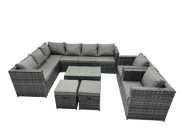 Rackhams Outdoor Rattan Rectangular Coffee Table Corner Sofa Sets Garden Furniture Set with 2 Chairs 2 Small Stools Dark Grey Mixed - thumbnail 1