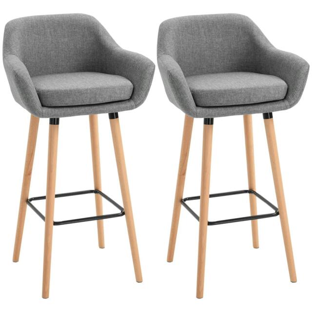 Rackhams Set of 2 Bar Stools Modern Upholstered Seat Bar Chairs w/ Metal Frame, Solid Wood Legs Living Room Dining Room Fabric Furniture - Grey - image 1