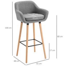 Rackhams Set of 2 Bar Stools Modern Upholstered Seat Bar Chairs w/ Metal Frame, Solid Wood Legs Living Room Dining Room Fabric Furniture - Grey - thumbnail 3