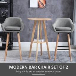 Rackhams Set of 2 Bar Stools Modern Upholstered Seat Bar Chairs w/ Metal Frame, Solid Wood Legs Living Room Dining Room Fabric Furniture - Grey - thumbnail 4
