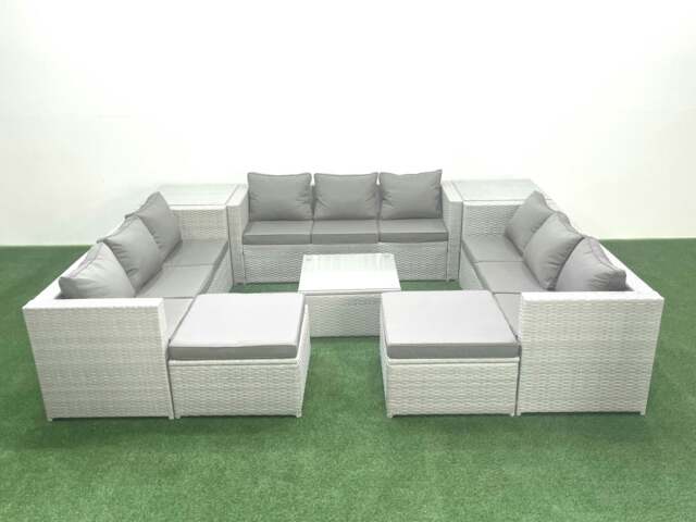 Rackhams Rattan Garden Outdoor Furniture Set 11 Seater Rattan Garden Sofa Set with 2 Big Footstools 2 Side Tables Light Grey Mixed - image 1