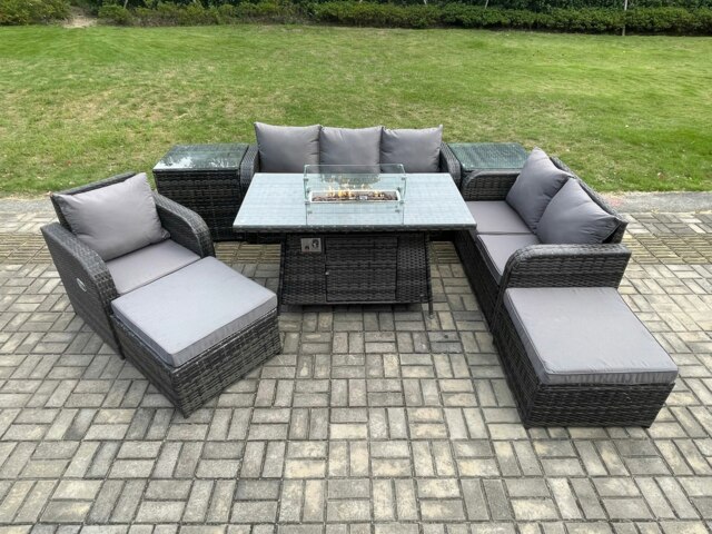 Rackhams Garden Patio Furniture Wicker Rattan Gas Fire Pit Table and Sofa Chair set with 2 Side Tables 2 Big Footstool - image 1