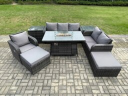 Rackhams Garden Patio Furniture Wicker Rattan Gas Fire Pit Table and Sofa Chair set with 2 Side Tables 2 Big Footstool - thumbnail 1