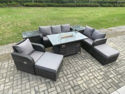 Rackhams Garden Patio Furniture Wicker Rattan Gas Fire Pit Table and Sofa Chair set with 2 Side Tables 2 Big Footstool - thumbnail 2