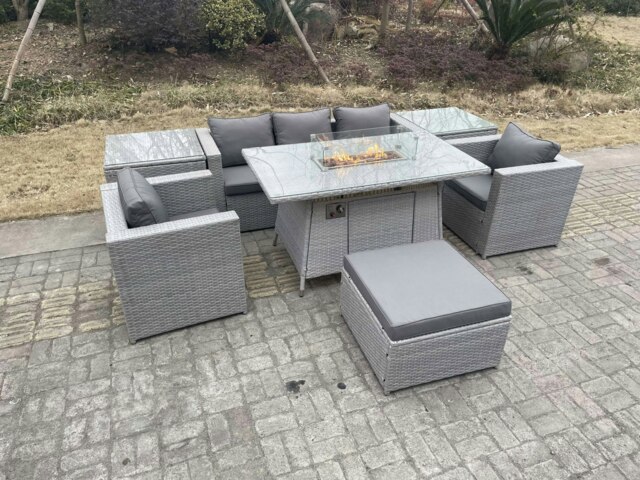 Rackhams Rattan Garden Furniture Set Gas Fire Pit Lounge Sofa Chair Dining Set With 2 Side Table And 2 PC Arm Chair Footstool - image 1
